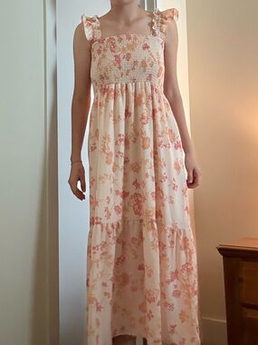 French Connection Peach Maxi Dress with Pink and Orange Floral Print